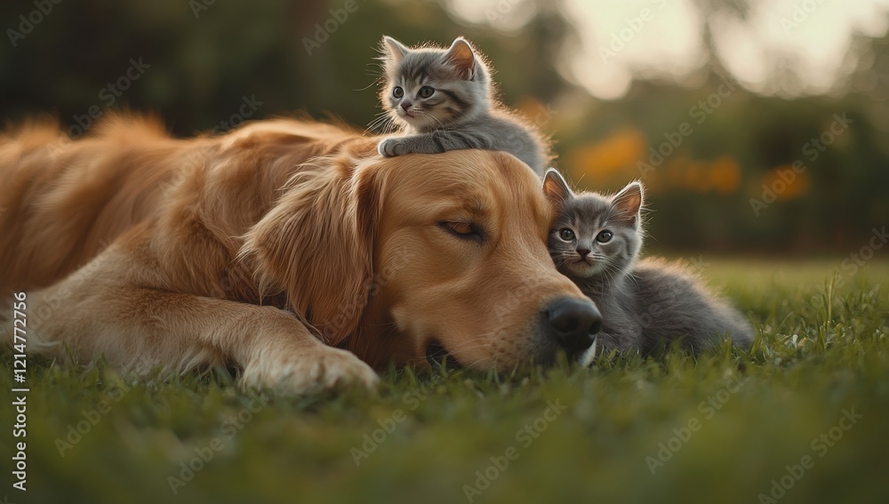 Naklejka premium Golden Retriever Dog Cuddling with Playful Kittens in a Sunny Garden Setting, Creating a Heartwarming Scene of Friendship and Comfort in Nature
