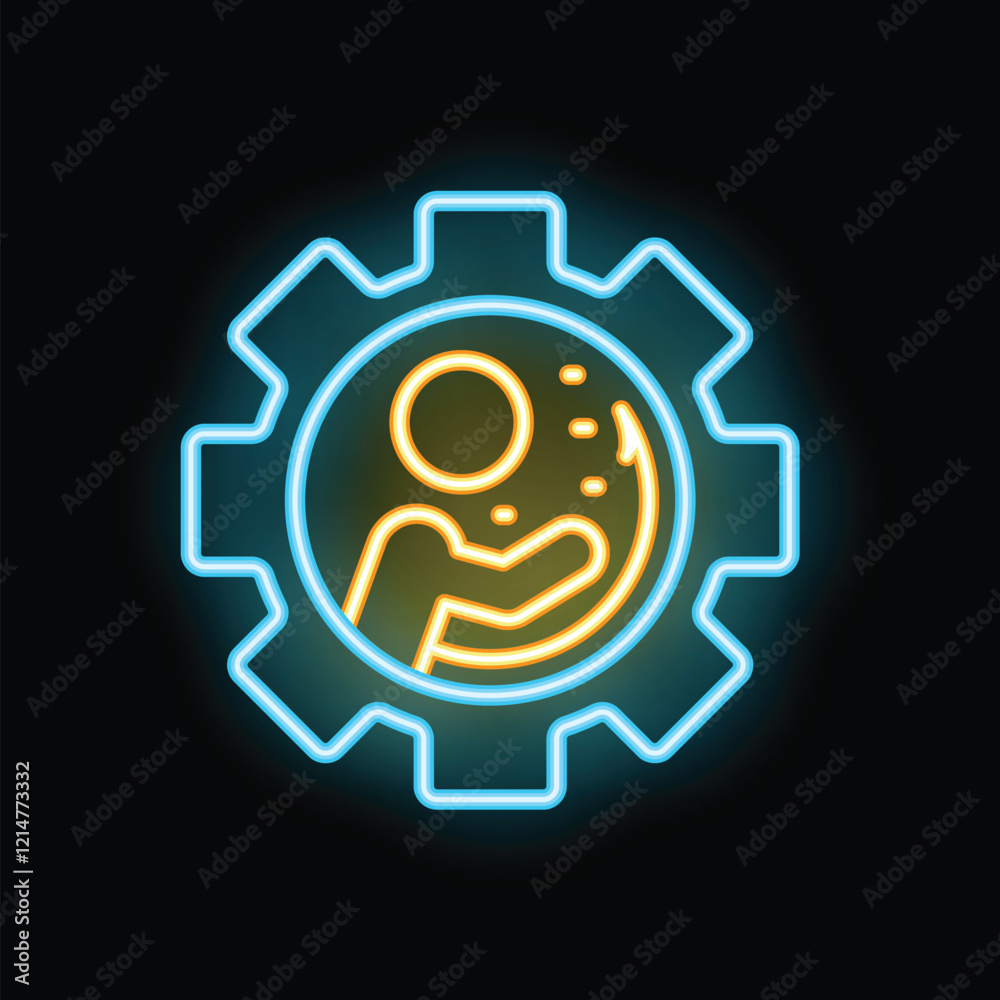 Neon glowing icon of a person working and managing time inside a gear, representing productivity and efficiency Neon glowing icon of a person working and managing time inside a gear, representing productivity and efficiency