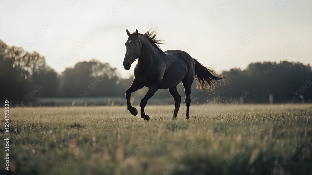 Elegant Horse Galloping Through Open Field at Dusk Elegant Horse Galloping Through Open Field at Dusk