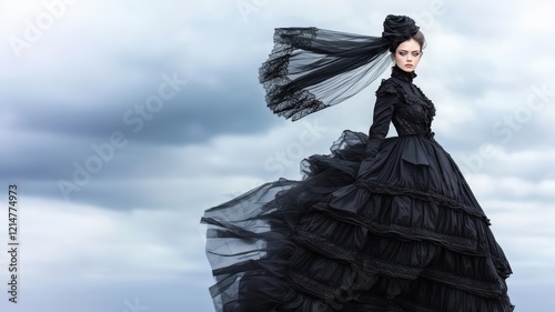 A dramatic portrait of a Victorian widow wearing a layered black dress and a lace veil, standing against a backdrop of dark stormy skies, with winds subtly lifting the fabric of her attire.