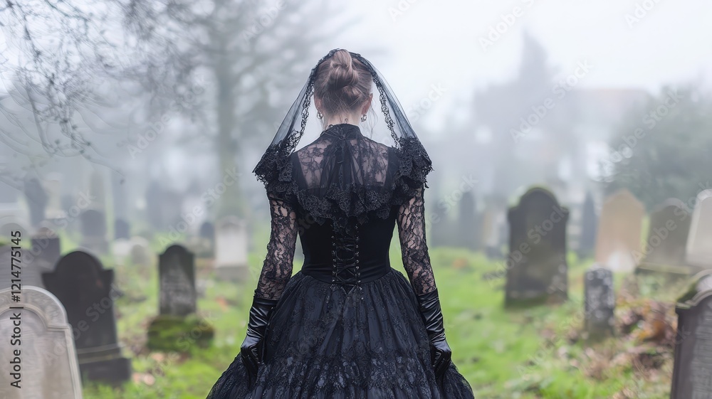 A gothic depiction of a widow dressed in an ornate black gown with delicate lace gloves, walking through a misty cemetery lined with aged headstones. A gothic depiction of a widow dressed in an ornate black gown with delicate lace gloves, walking through a misty cemetery lined with aged headstones.