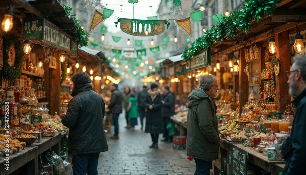 Obraz premium Crowded Christmas market with festive decorations. Concept of holiday shopping and celebration.
