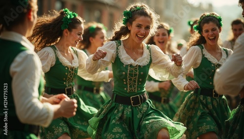 Traditional Irish dancers in green dresses. Concept of Irish culture, celebration, and joy.