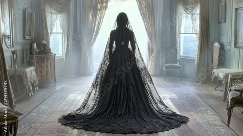 Back view of Victorian widow in long black dress with intricate lace detailing standing in the middle of vintage parlor, create somber and dramatic scene.