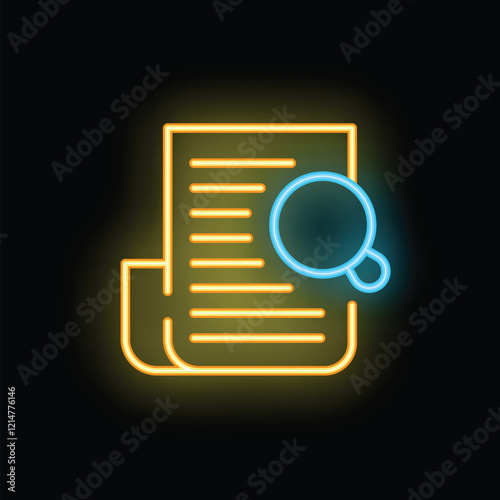 Glowing neon icon of a magnifying glass hovering over and examining a document for fact checking