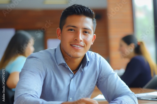 P A young Hispanic businessman in an open off