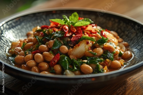 A plate of fermented soybeans (thua nao) cooked with chili and garlic, styled in a simple, authentic Thai dining scene photo