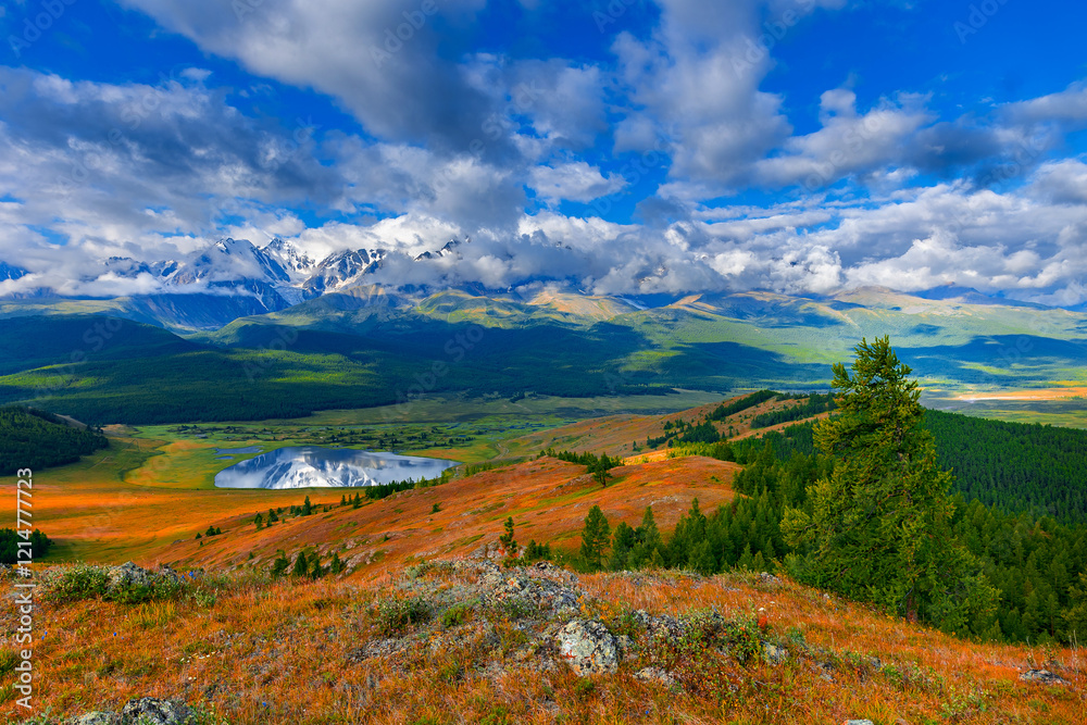 Obraz premium Beautiful Altay mountains and lake Dzhangyskol reflecting majestic peaks in Altai region