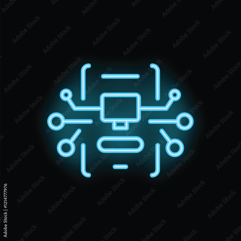 Bright glowing blue neon icon of a computer being hacked on a black background Bright glowing blue neon icon of a computer being hacked on a black background