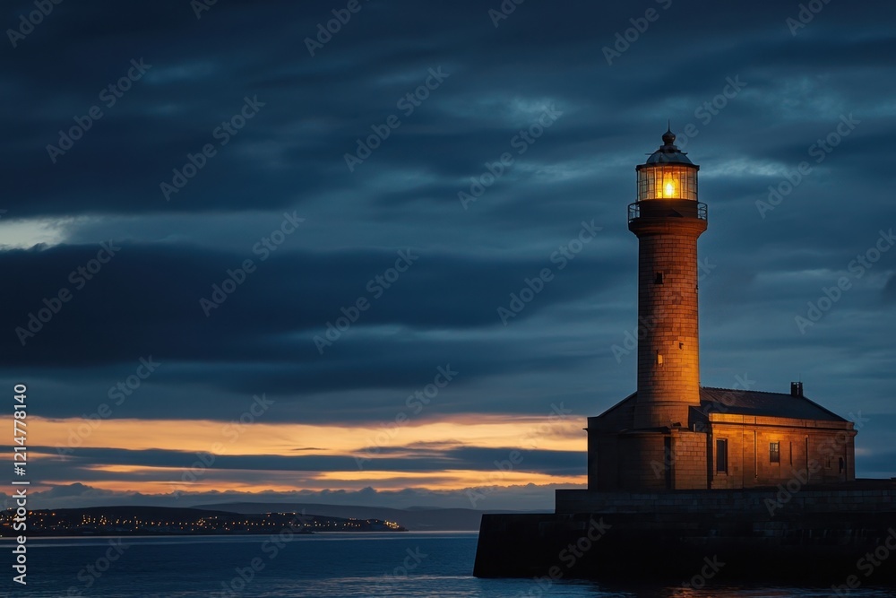 Obraz premium Lighthouse shines brightly over calm waters during twilight hour