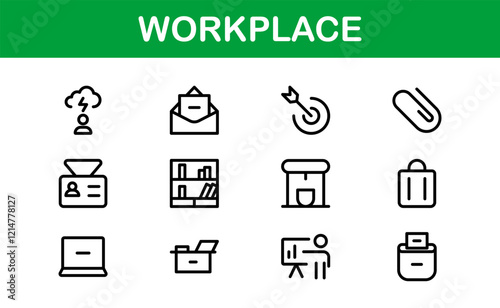 Modern Workplace Icon Set. Professional Icons for Office, Collaboration, Productivity, and Business Tools in Minimalist and Outline Styles. photo