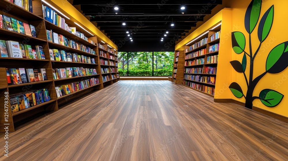 Modern Library Interior with Wooden Flooring and Greenery View Modern Library Interior with Wooden Flooring and Greenery View
