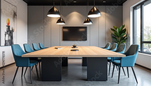 Empty white wall mockup in modern office space with minimalist design and wood accents, featuring desks and chairs in the background. 3D Rendering.