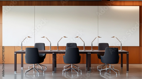 Empty white wall mockup in modern office space with minimalist design and wood accents, featuring desks and chairs in the background. 3D Rendering.