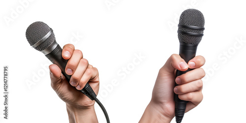 Two hands holding microphones close up studio shot singing performance on transparent background