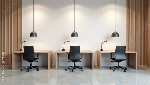 Empty white wall mockup in modern office space with minimalist design and wood accents, featuring desks and chairs in the background. 3D Rendering.