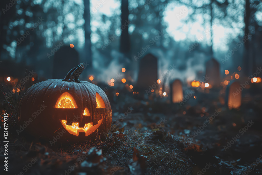 Halloween pumpkins in a spooky forest with tombstones at night create a defocused background. Halloween pumpkins in a spooky forest with tombstones at night create a defocused background.