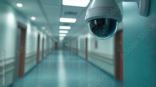 A close-up of a CCTV camera on the ceiling of a hospital corridor, ensuring safety and surveillance within the medical facility photo