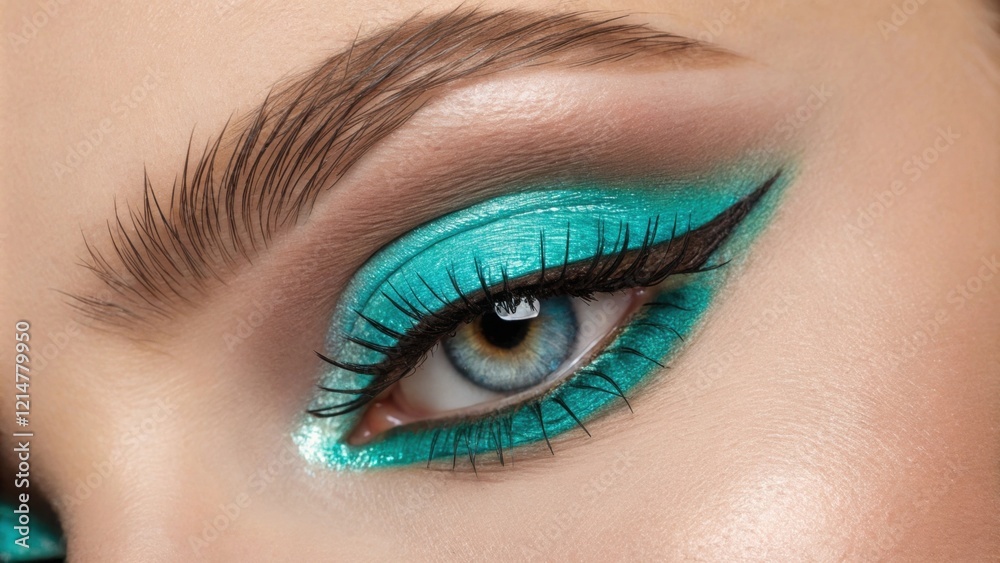 Obraz premium A dazzling portrait of an eye highlighted with luminous neon teal eyeshadow. The inner corner shines with a soft glow emphasizing the eyeliner and the eyes intriguing shape