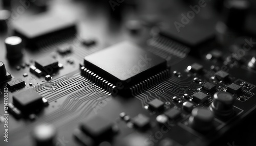 Intricate Microchip Circuitry: A Detailed Monochromatic Close-Up