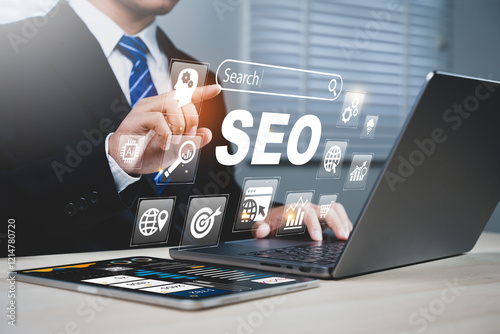 SEO Analysis Computer Page Search Engine Optimization Marketing Traffic Ranking Website Internet Business Technology Concept. photo