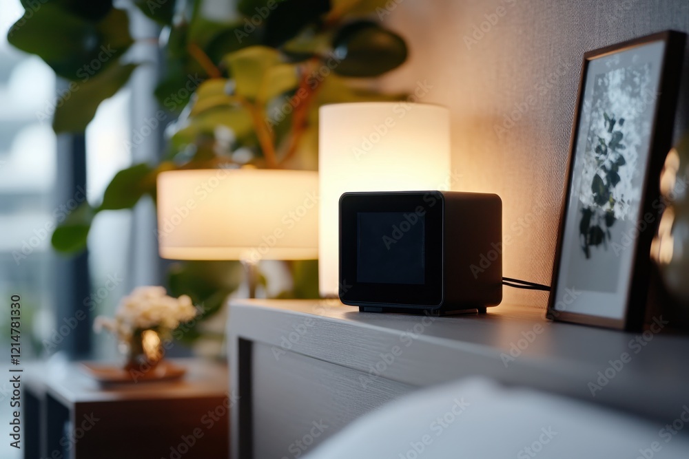 Obraz premium An elegant black bedside clock blends beautifully with soft lamp light, enhancing the serene ambiance of a modern bedroom design and inviting tranquility.