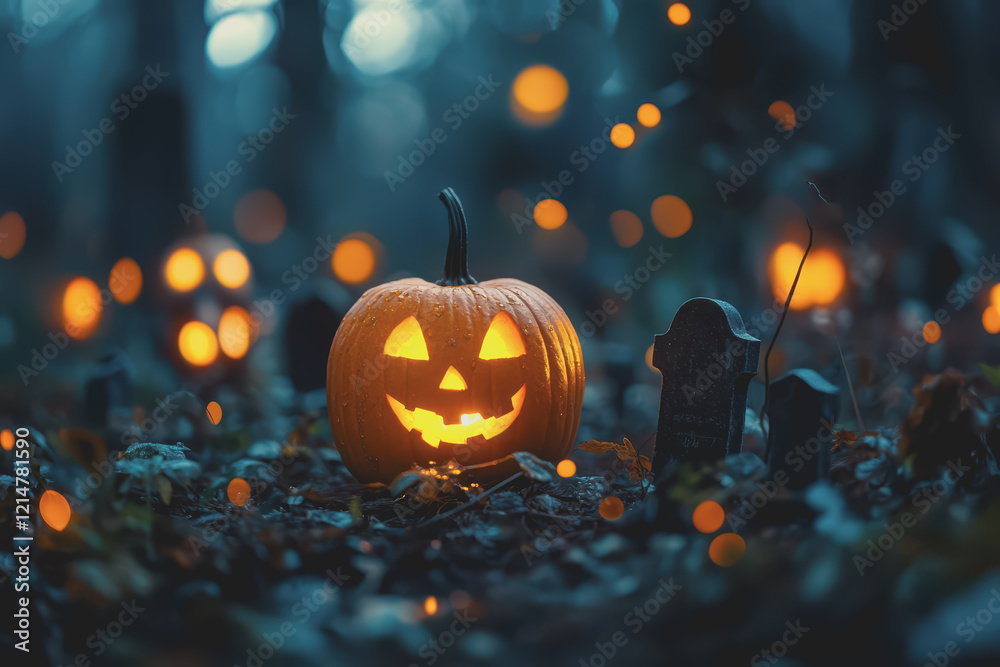 Naklejka premium Halloween pumpkins in a spooky forest with tombstones at night create a defocused background.