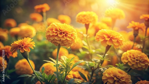 Vintage Springtime Marigolds: Vibrant Yellow Flowers in Retro Style Photography