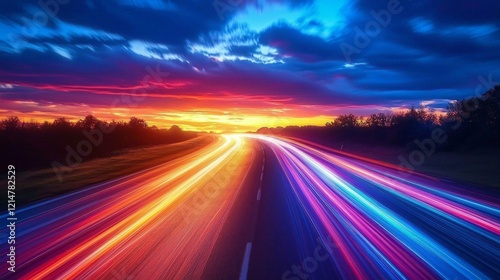 A mesmerizing twilight view features streaks of colorful light racing along a winding road. The horizon glows with hues of orange and purple, symbolizing progress and innovation