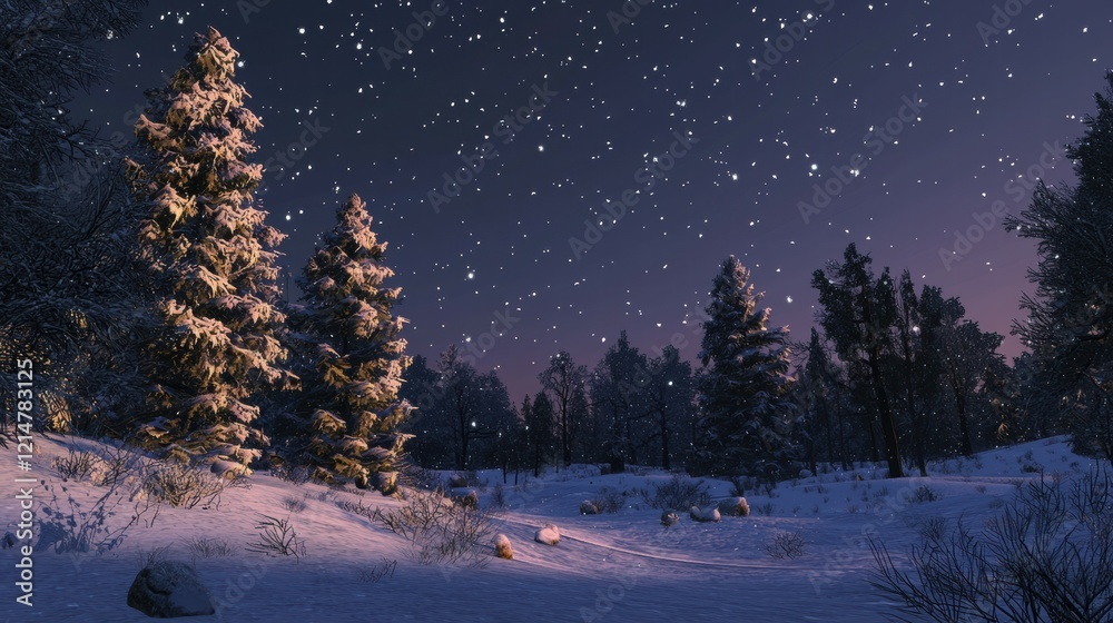 Serene Winter Night with Snowy Trees Under a Starry Sky Serene Winter Night with Snowy Trees Under a Starry Sky