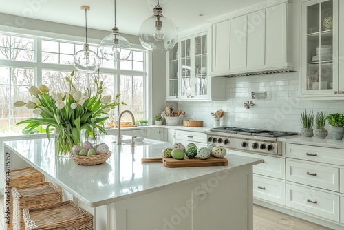 White modern kitchen interior, with kitchen island decorated elegantly for Easter with Easter eggs and spring flowers on the counter top