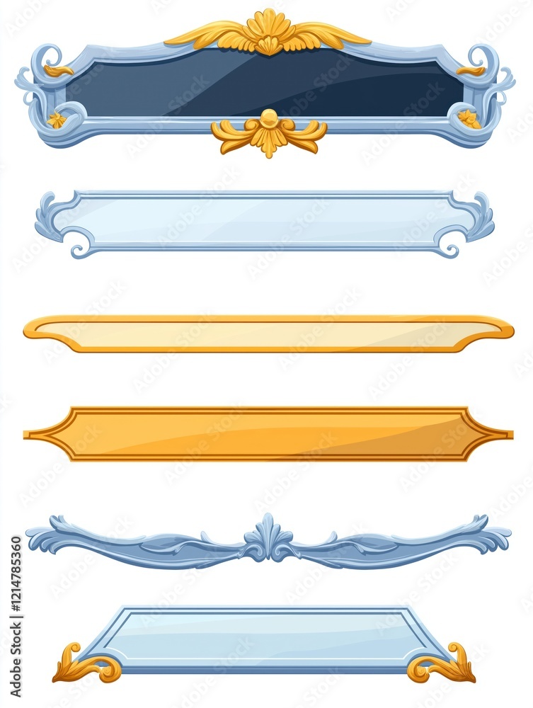 Luxury game UI elements. Set of horizontal level plaques. Silver, gold borders evolve from simple to luxury design. Elegant curvy rims. Cartoon graphic user interface. Isolated elements for RPG, MMO, Luxury game UI elements. Set of horizontal level plaques. Silver, gold borders evolve from simple to luxury design. Elegant curvy rims. Cartoon graphic user interface. Isolated elements for RPG, MMO,