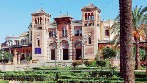 Façade of the Museum of Arts and Popular Customs of Seville (Museo de Artes y Costumbres Populares). Mudejar Pavilion in the  Maria Luisa park, Seville, Andalusia, Spain, Europe.