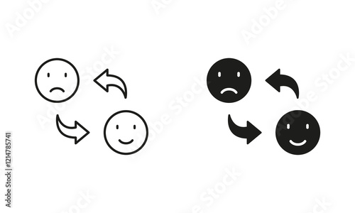 Happy Smile Change to Sad Face Pictogram. Mood Changes Line and Silhouette Icon Set. Bipolar Emoticon Expression Symbol. Positive and Unhappy Emotion. Editable Stroke. Isolated Vector Illustration