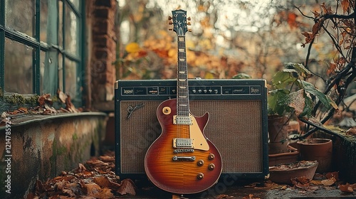 Electric Guitar Rests Against Amplifier Autumn Leaves
