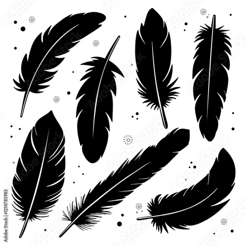 Black silhouette set of feathers with decorative elements and dots on a white background. Minimalist and elegant design, perfect for prints, patterns, and creative projects.