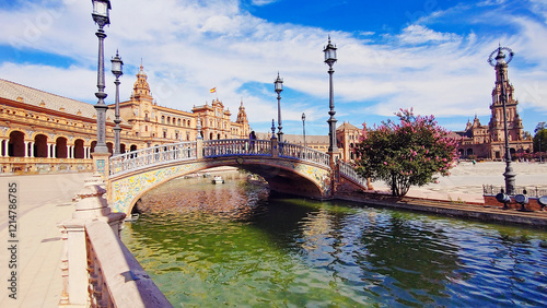 One of the four bridges over the moat representing the ancient kingdoms of Spain. Plaza de Espana (Spain Square), Maria Luisa Park, Seville, Spain. 