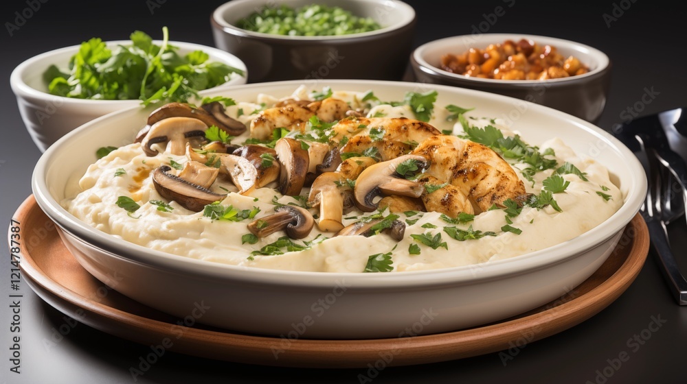 Variety of chicken dishes with fresh vegetables and sides Variety of chicken dishes with fresh vegetables and sides