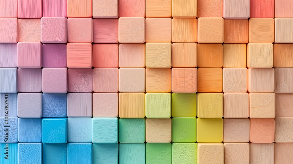 Colorful wooden geometric blocks arranged in a mosaic like grid pattern symbolizing Montessori learning methods and autism awareness The textured Colorful wooden geometric blocks arranged in a mosaic like grid pattern symbolizing Montessori learning methods and autism awareness The textured