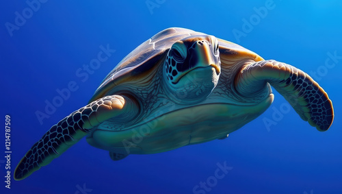 A sea turtle swims gracefully through clear blue water. Its shell is brown and its flippers propel it effortlessly. A serene underwater scene.