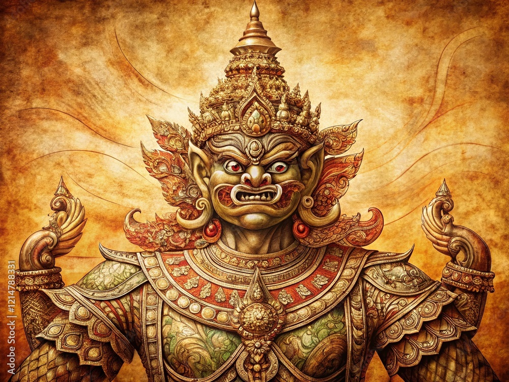 Fototapeta premium Vintage Thai Demon Guardian Art: Intricate Line Drawing, Spiritual Protector