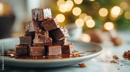 An attractively arranged display of chocolate pieces radiates richness and texture, offering a delightful visual feast for chocolate lovers to admire. photo