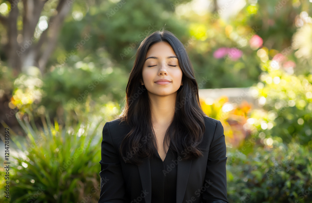 P A young Hispanic businesswoman in a serene P A young Hispanic businesswoman in a serene