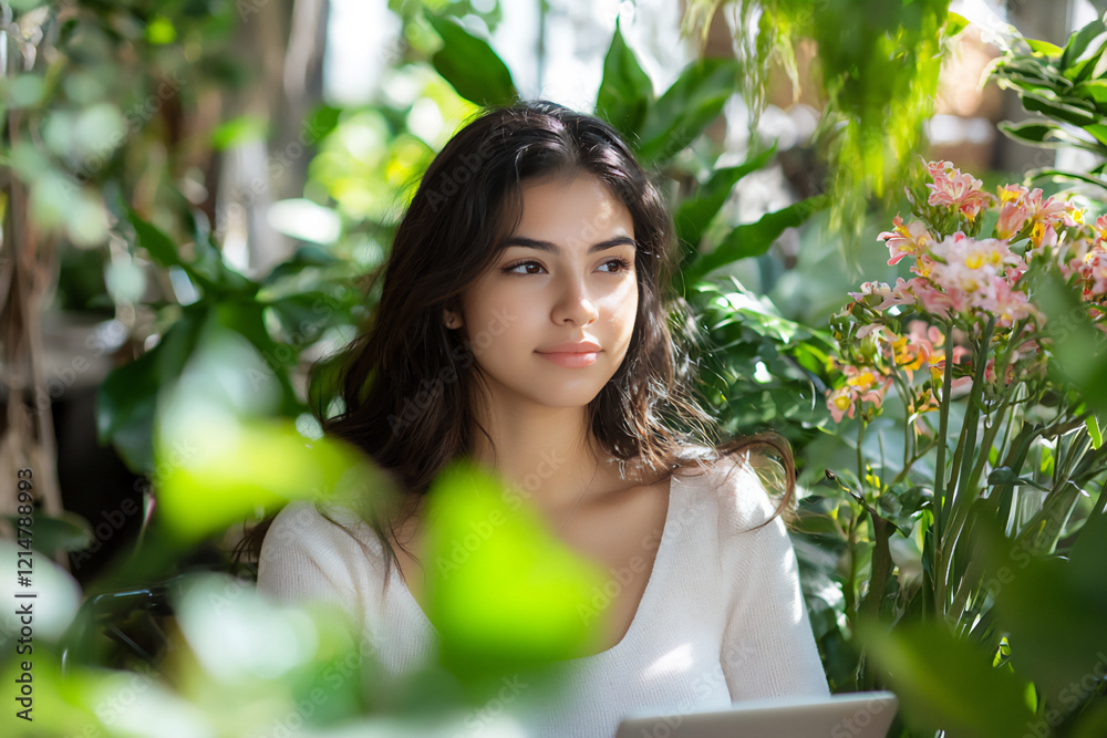 P A young Hispanic businesswoman in a serene P A young Hispanic businesswoman in a serene