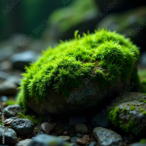 Vibrant Green Moss-Covered Rock Macro Beauty in Fluorescent Light photo