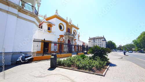 Entrance of the bullring arena in baroque style in the street paseo de cristóbal colón.  Plaza de Toros de la Real Maestranza de Caballería de Sevilla, Spain, Europe.