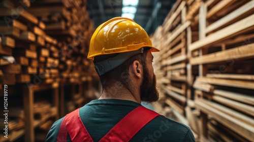 A construction worker wearing a yellow hard hat stands confidently amidst stacks of wood in a lumber warehouse, illustrating safety, preparation, and the industrious nature of construction work. photo