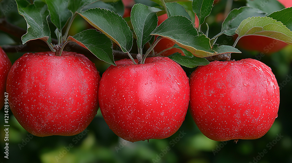 Obraz premium Fresh Dew-Covered Red Apples on a Branch
