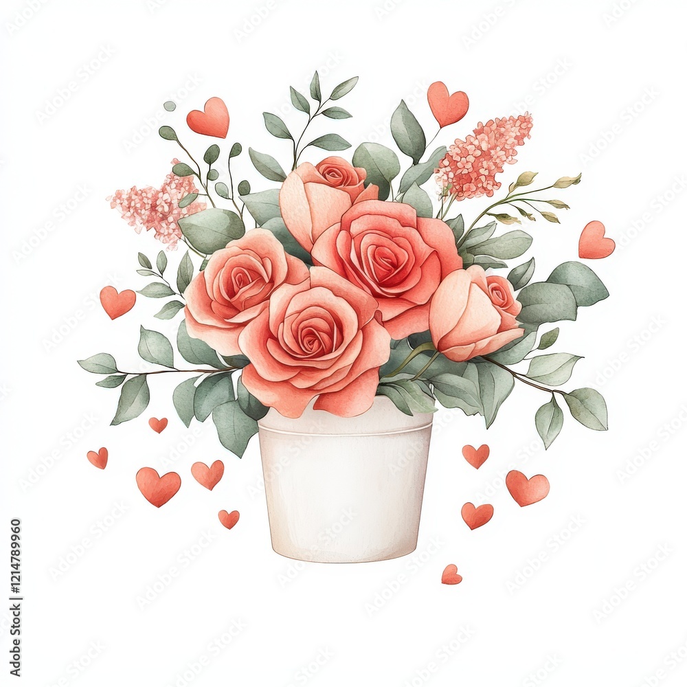 A beautiful arrangement of pink roses in a white pot, surrounded by delicate greenery and floating hearts, perfect for expressing love and affection. A beautiful arrangement of pink roses in a white pot, surrounded by delicate greenery and floating hearts, perfect for expressing love and affection.