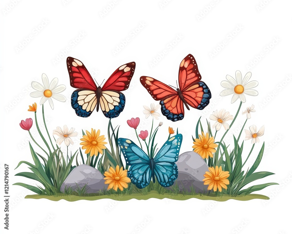 Obraz premium Colorful Butterflies and Vibrant Wildflowers in Natural Setting